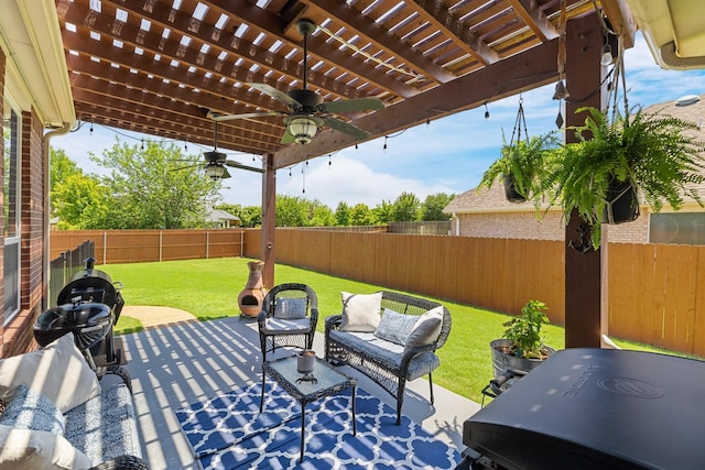 5136 Raisintree Dr, Fort Worth, TX 76244 - fenced backyard featuring ceiling fan, a pergola, an outdoor hangout area, a patio, and a grill