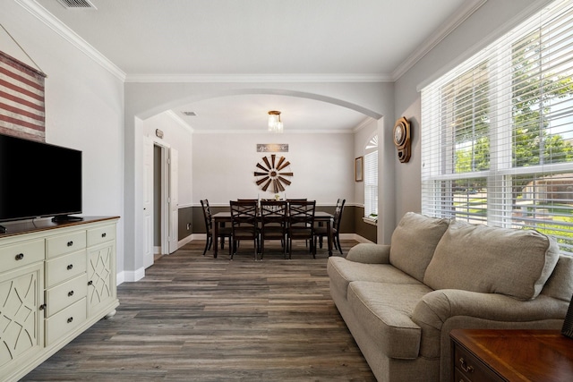 5136 Raisintree Dr, Fort Worth, TX 76244 - living area with arched walkways, dark wood-style floors, and ornamental molding