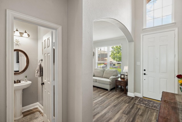 5136 Raisintree Dr, Fort Worth, TX 76244 - foyer featuring dark wood-style floors and arched walkways