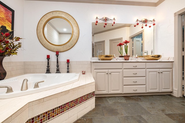 2605 Cherry Sage Dr, Flower Mound, TX 75022 - full bathroom with crown molding, a bath, vanity, and stone finish floors