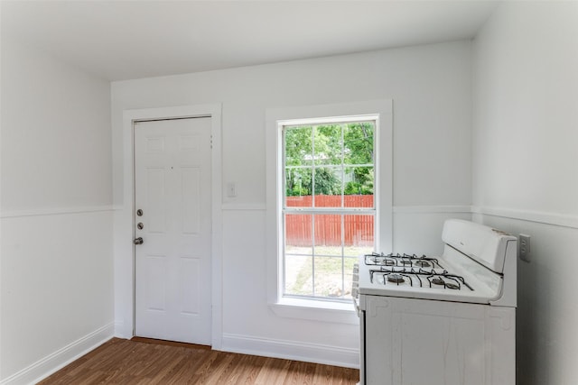3109 S Wesleyan Dr, Fort Worth, TX 76105 - kitchen with white gas range, wood finished floors, and plenty of natural light