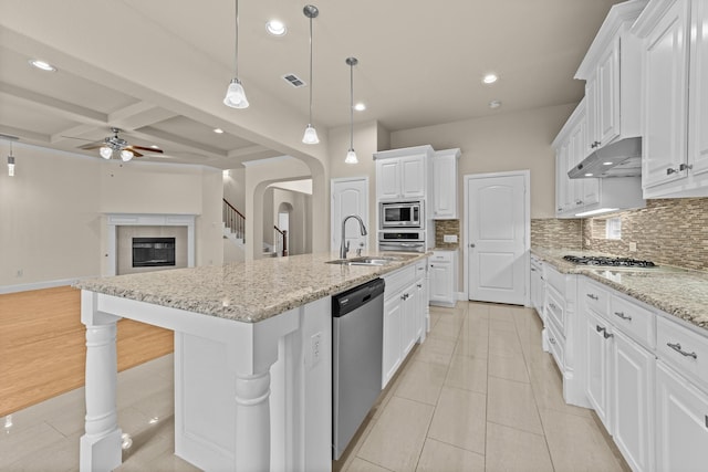 7048 Fullerton Cir, Frisco, TX 75035 - kitchen featuring stainless steel appliances, a sink, under cabinet range hood, ceiling fan, and arched walkways