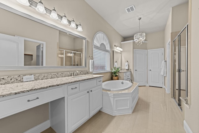 7048 Fullerton Cir, Frisco, TX 75035 - full bathroom with a stall shower, a chandelier, vanity, a bath, and tile patterned floors