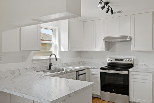 12816/12818 Pandora Dr, Dallas, TX 75238 - kitchen featuring stainless steel range with electric stovetop, a sink, under cabinet range hood, a peninsula, and white cabinets