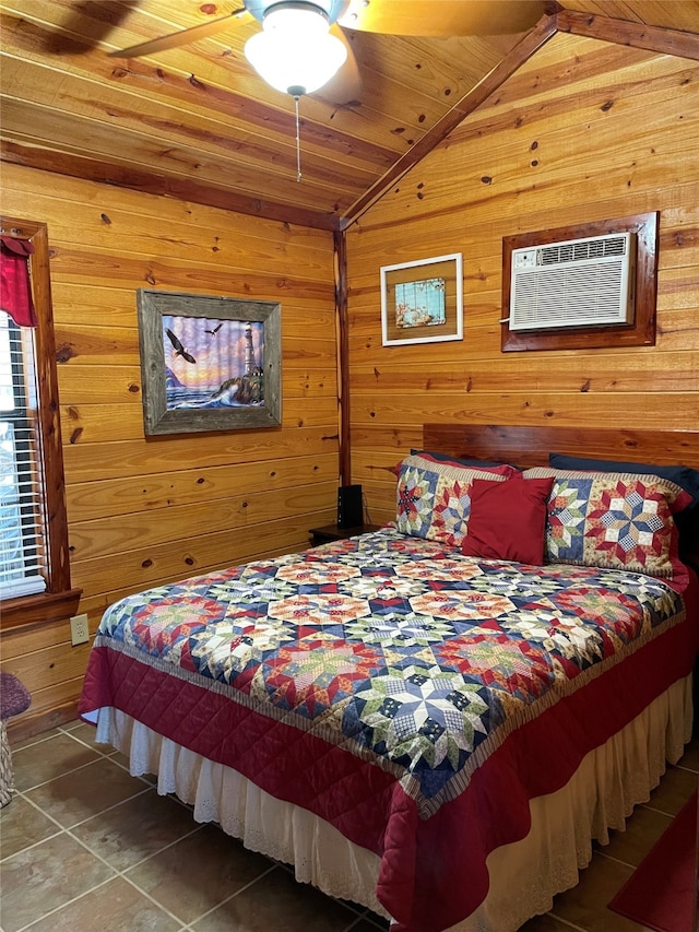 1026 County Road 1744, Chico, TX 76431 - bedroom featuring wooden walls, lofted ceiling, tile patterned flooring, a wall mounted air conditioner, and wood ceiling