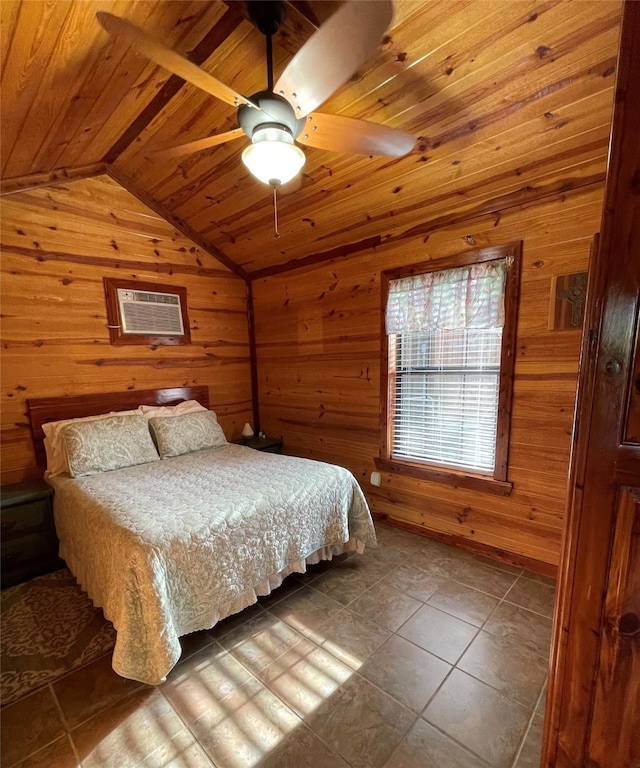 1026 County Road 1744, Chico, TX 76431 - bedroom featuring wooden walls, wood ceiling, a wall mounted AC, lofted ceiling, and tile patterned flooring
