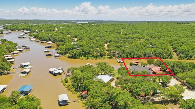 1026 County Road 1744, Chico, TX 76431 - aerial view of property's location with a heavily wooded area, a nearby body of water, and property parcel outlined