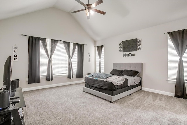3015 Ruby Dr, Wylie, TX 75098 - bedroom with carpet, high vaulted ceiling, baseboards, and ceiling fan
