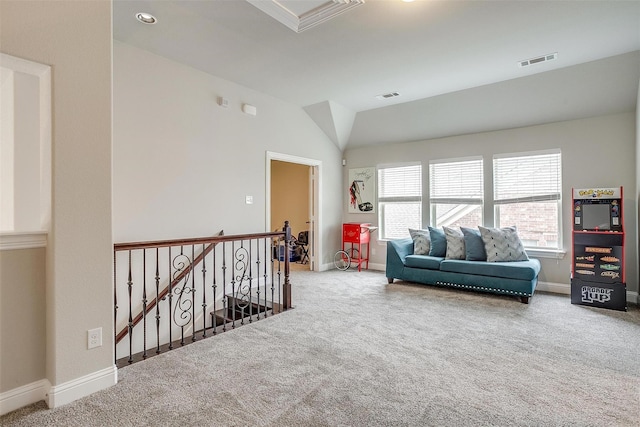3015 Ruby Dr, Wylie, TX 75098 - sitting room with an upstairs landing, carpet, baseboards, and vaulted ceiling