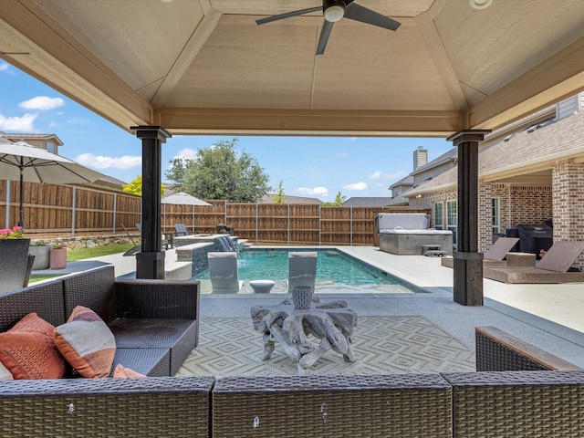 1505 Taylor Ln, Mckinney, TX 75071 - view of swimming pool featuring a fenced backyard, ceiling fan, and a patio area
