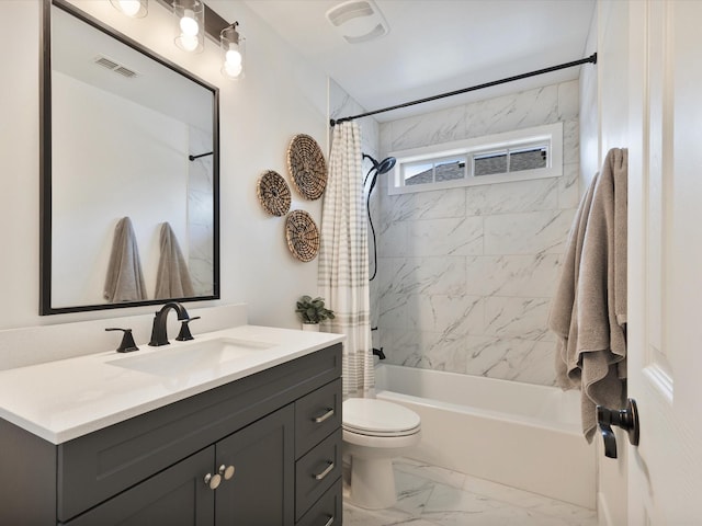 1505 Taylor Ln, Mckinney, TX 75071 - full bathroom with vanity, shower / tub combo with curtain, marble look tiles, and toilet