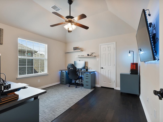 1505 Taylor Ln, Mckinney, TX 75071 - home office featuring dark wood finished floors, vaulted ceiling, ceiling fan, and baseboards