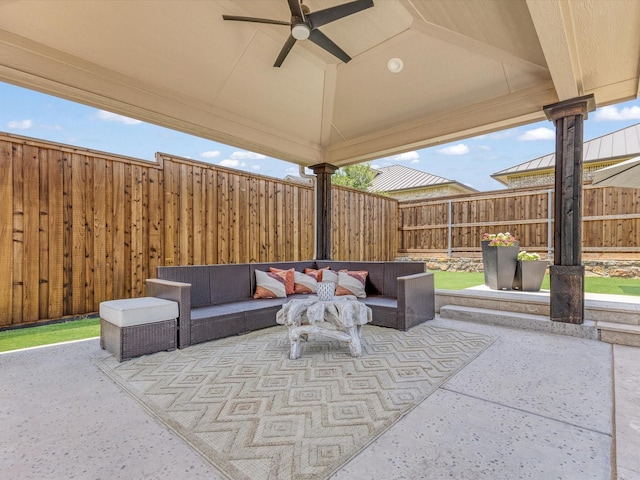 1505 Taylor Ln, Mckinney, TX 75071 - fenced backyard featuring a ceiling fan, a patio, and an outdoor hangout area