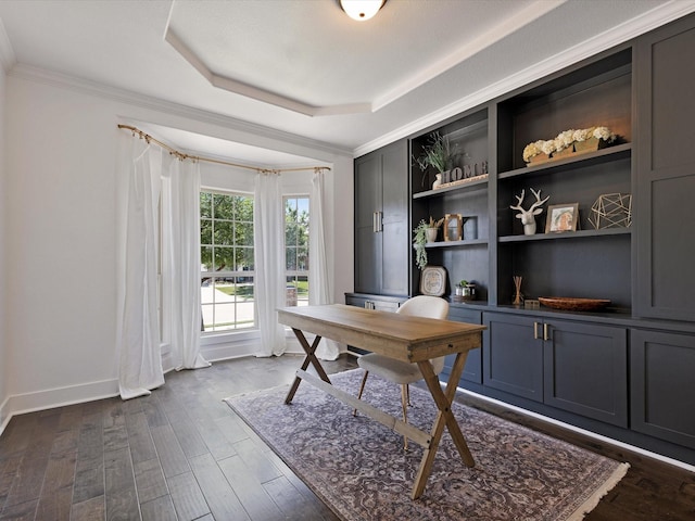 1505 Taylor Ln, Mckinney, TX 75071 - office space with crown molding, dark wood-type flooring, baseboards, and a tray ceiling