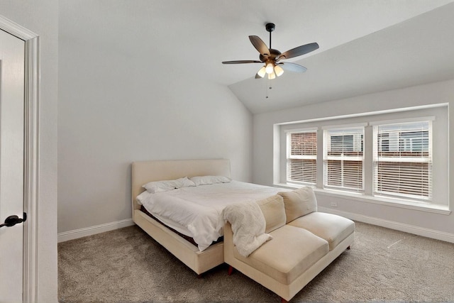 3817 Myrtle Way, Kaufman, TX 75142 - bedroom featuring carpet flooring, baseboards, lofted ceiling, and a ceiling fan