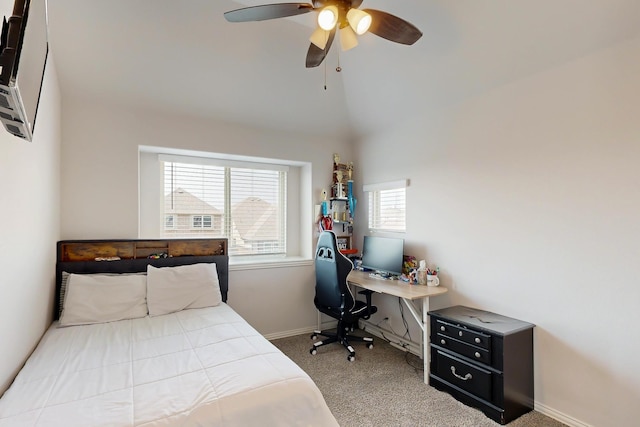 3817 Myrtle Way, Kaufman, TX 75142 - bedroom featuring carpet, baseboards, a ceiling fan, and vaulted ceiling