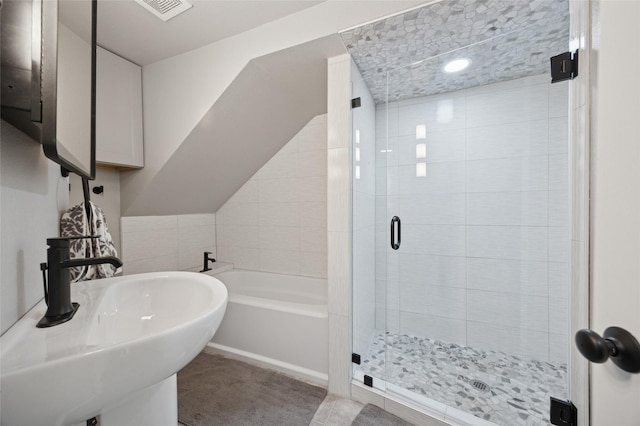 563 Country Club Rd, Bowie, TX 76230 - full bathroom with a sink, a bath, a stall shower, and tile patterned floors