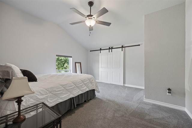 563 Country Club Rd, Bowie, TX 76230 - bedroom with carpet flooring, a barn door, baseboards, a ceiling fan, and high vaulted ceiling
