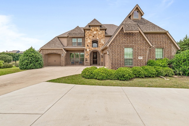 10601 San Simeon Ln, Fort Worth, TX 76179 - french country style house featuring brick siding, a shingled roof, driveway, an attached garage, and stone siding