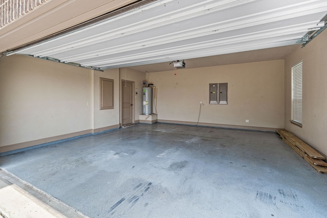 10601 San Simeon Ln, Fort Worth, TX 76179 - garage featuring electric water heater, a garage door opener, electric panel, and baseboards