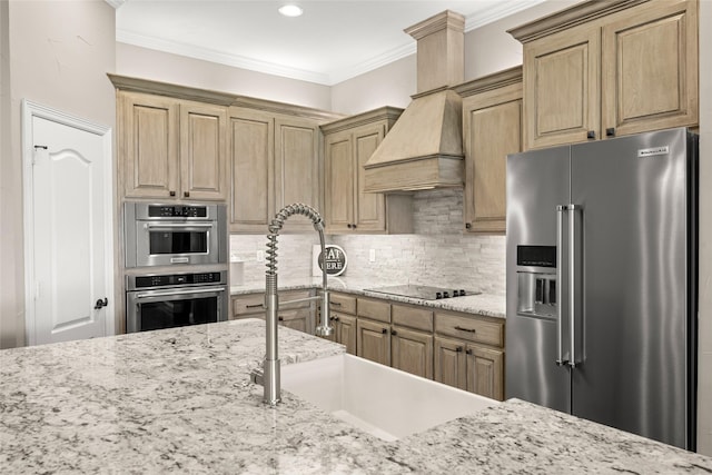 1009 Maida Vale, Haslet, TX 76052 - kitchen featuring stainless steel appliances, a sink, premium range hood, crown molding, and backsplash