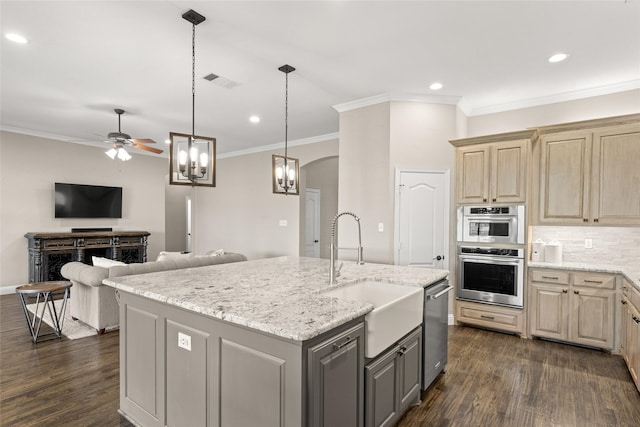 1009 Maida Vale, Haslet, TX 76052 - kitchen with a sink, dark wood-type flooring, a ceiling fan, gray cabinetry, and crown molding