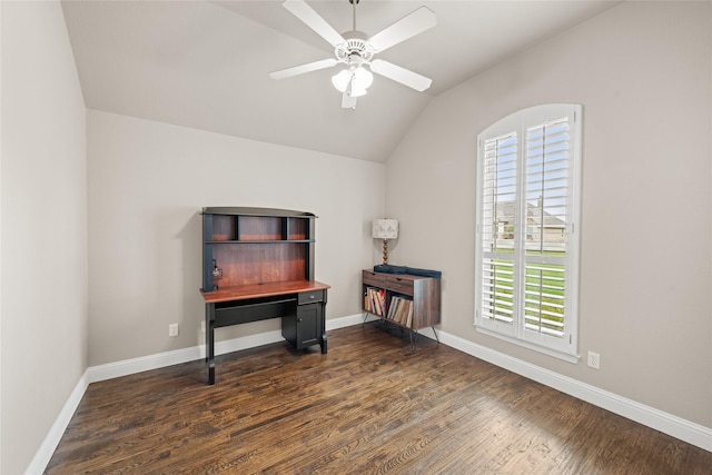 1009 Maida Vale, Haslet, TX 76052 - office area with vaulted ceiling, a ceiling fan, healthy amount of natural light, dark wood-style flooring, and baseboards