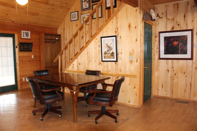 1147 Rs County Road 3503, Emory, TX 75440 - dining area with wooden walls, stairway, vaulted ceiling, wood finished floors, and wooden ceiling
