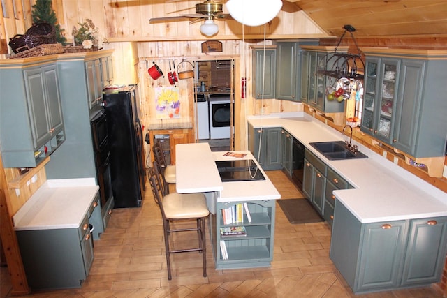 1147 Rs County Road 3503, Emory, TX 75440 - kitchen featuring washer / clothes dryer, a sink, black appliances, ceiling fan, and glass insert cabinets