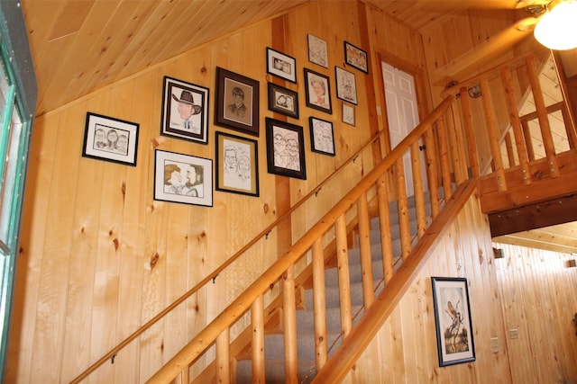 1147 Rs County Road 3503, Emory, TX 75440 - staircase featuring vaulted ceiling, wooden walls, and wood ceiling