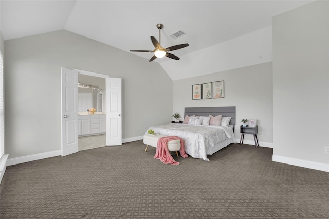 3925 Wisteria Ln, Haltom City, TX 76137 - bedroom with vaulted ceiling, carpet, a ceiling fan, and ensuite bathroom
