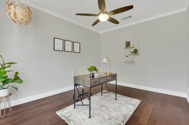 3925 Wisteria Ln, Haltom City, TX 76137 - home office with a ceiling fan, crown molding, and wood finished floors