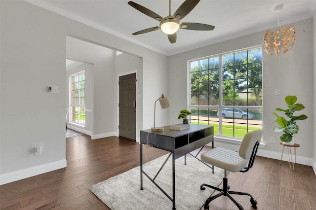 3925 Wisteria Ln, Haltom City, TX 76137 - office featuring crown molding, dark wood-type flooring, ceiling fan, and a chandelier