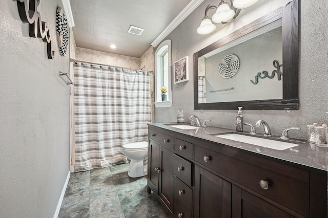 104 S Cedar St, Leonard, TX 75452 - bathroom with toilet, a textured wall, baseboards, double vanity, and a shower with curtain