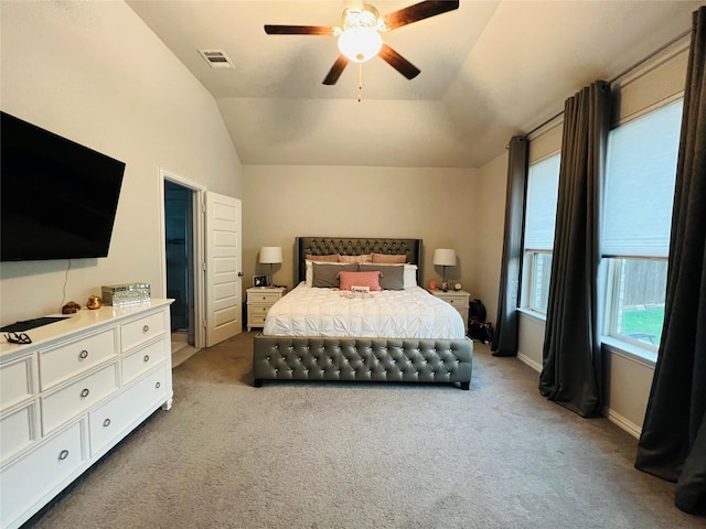 120 Black Alder Dr, Fort Worth, TX 76131 - bedroom with light colored carpet, vaulted ceiling, and a ceiling fan