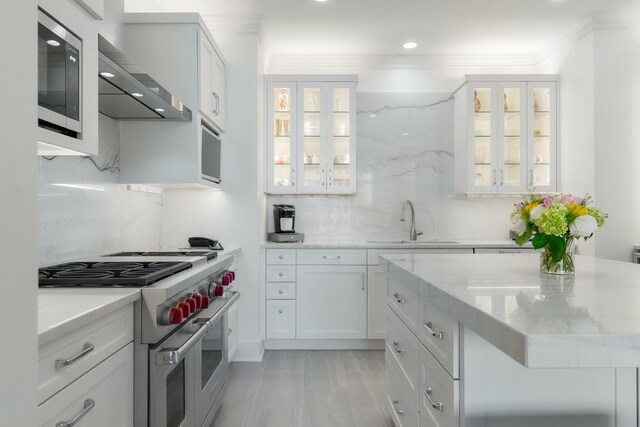 2525 N Pearl St Unit 1203, Dallas, TX 75201 - kitchen with appliances with stainless steel finishes, wall chimney range hood, a sink, crown molding, and tasteful backsplash