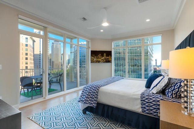 2525 N Pearl St Unit 1203, Dallas, TX 75201 - bedroom with crown molding, access to exterior, wood finished floors, recessed lighting, and ceiling fan