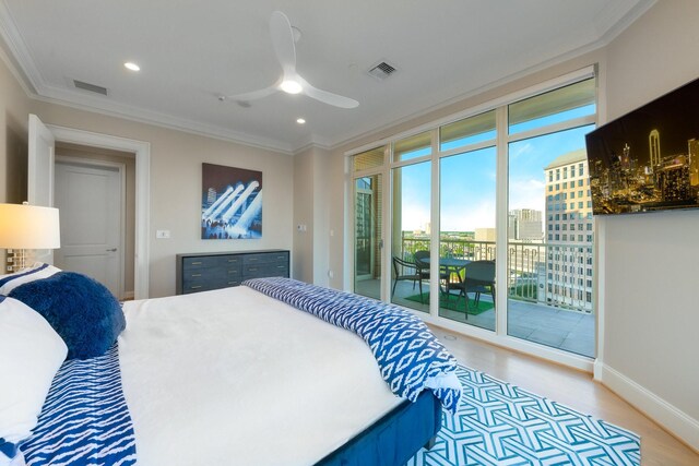 2525 N Pearl St Unit 1203, Dallas, TX 75201 - bedroom featuring access to outside, ornamental molding, light wood-style floors, recessed lighting, and ceiling fan
