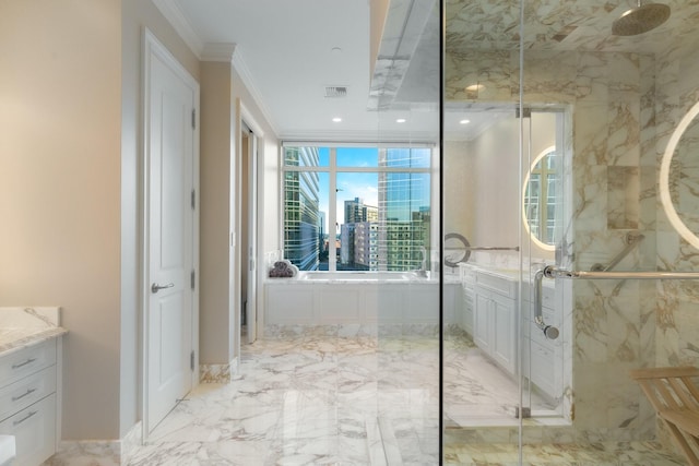 2525 N Pearl St Unit 1203, Dallas, TX 75201 - bathroom with vanity, a marble finish shower, ornamental molding, a garden tub, and marble tiled floors