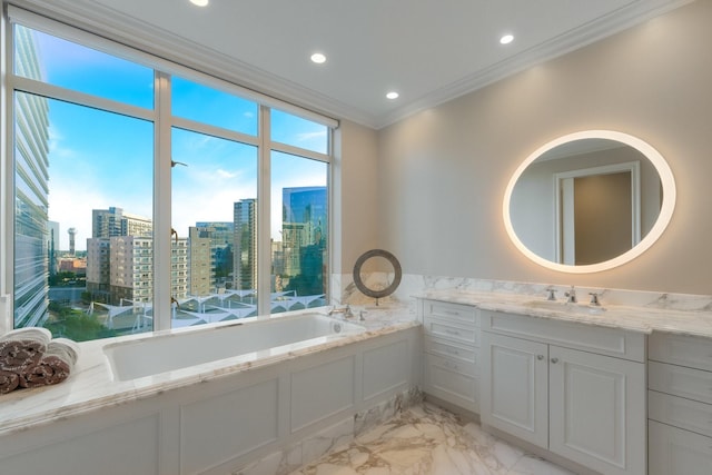 2525 N Pearl St Unit 1203, Dallas, TX 75201 - bathroom with crown molding, marble finish flooring, a garden tub, plenty of natural light, and a city view