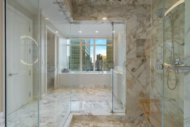 2525 N Pearl St Unit 1203, Dallas, TX 75201 - bathroom featuring a marble finish shower, toilet, marble tiled floors, and crown molding
