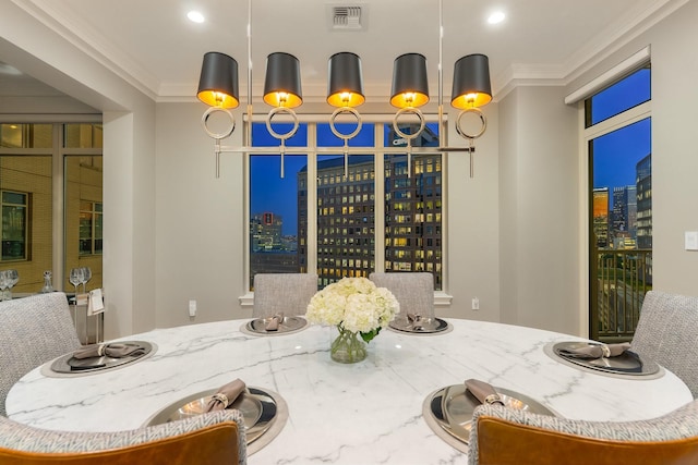 2525 N Pearl St Unit 1203, Dallas, TX 75201 - dining area with crown molding, a city view, and recessed lighting