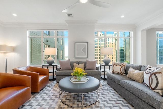 2525 N Pearl St Unit 1203, Dallas, TX 75201 - living room featuring ornamental molding, ceiling fan, and recessed lighting