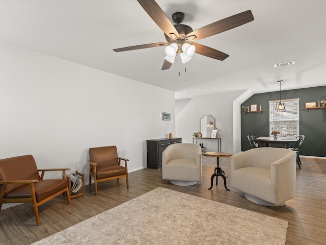 1359 Panorama Dr, Forney, TX 75126 - living area featuring wood finished floors, ceiling fan, and baseboards