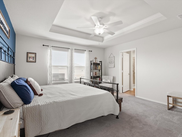 1359 Panorama Dr, Forney, TX 75126 - bedroom with a tray ceiling, carpet floors, a ceiling fan, and baseboards