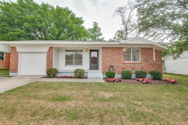 2018 Shawnee St, Denton, TX 76209 - ranch-style house with brick siding, a garage, a front yard, concrete driveway, and covered porch