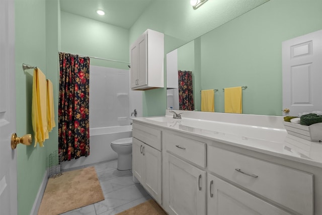 1461 Vz County Road 4607, Ben Wheeler, TX 75754 - full bath featuring marble finish floors, vanity, toilet, shower / tub combo with curtain, and baseboards