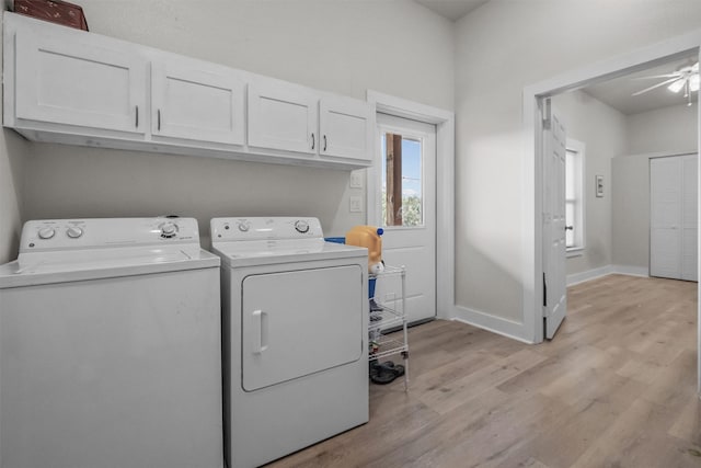 1461 Vz County Road 4607, Ben Wheeler, TX 75754 - clothes washing area featuring cabinet space, independent washer and dryer, light wood-style floors, a ceiling fan, and baseboards