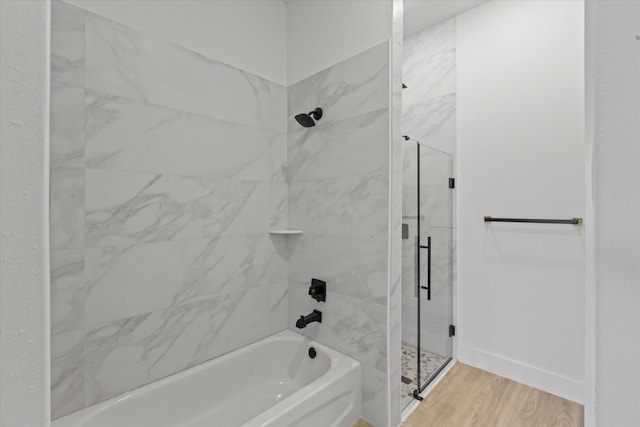 3725 Creek View Dr, Mckinney, TX 75071 - bathroom featuring a shower with shower door, a bath, and wood finished floors