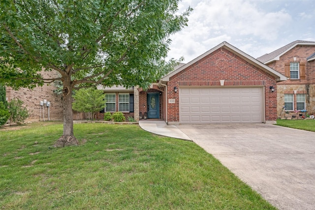 2120 Burnside Dr, Fort Worth, TX 76177 - view of front facade with brick siding, a garage, concrete driveway, and a front yard